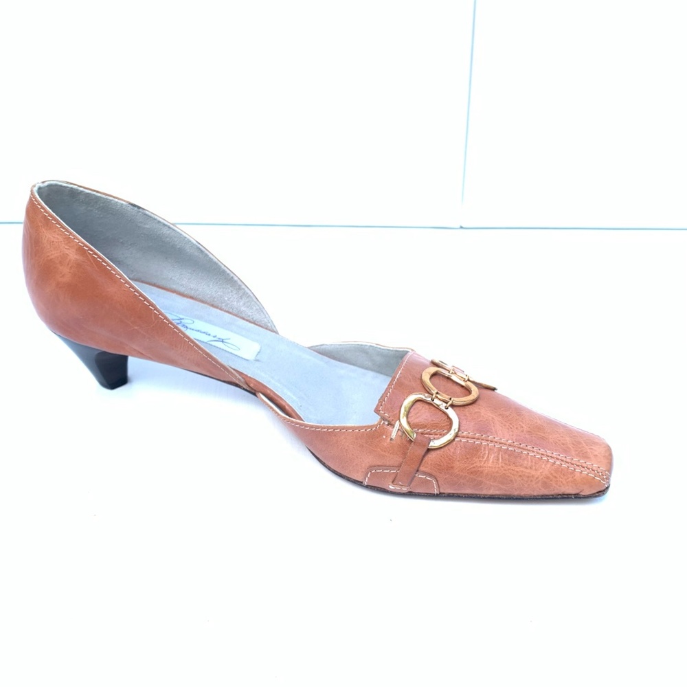 Diana Broussard Brown Leather D'Orsay Pumps 8.5 Square Toe Gold Ring Y2K Siren - Picture 2 of 10
